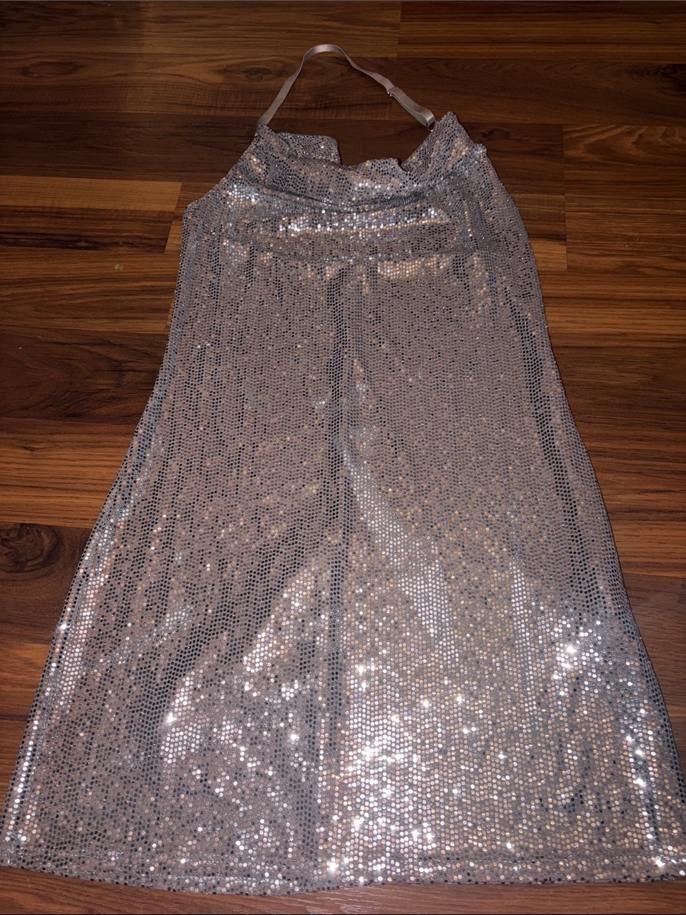 bebe Silver Sequin Halter Dress